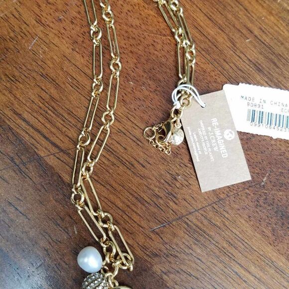 NWT J Crew Paper Clip Chain Charm Necklace Freshwater Pearl Pave Crystal Ball - Picture 3 of 11